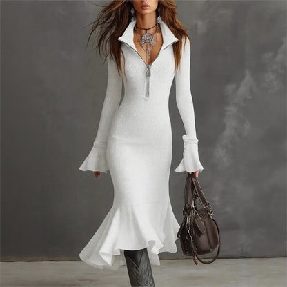 Vestido Evora Luxe™ En Punto Acanalado Con Cremallera Frontal y Falda Sirena