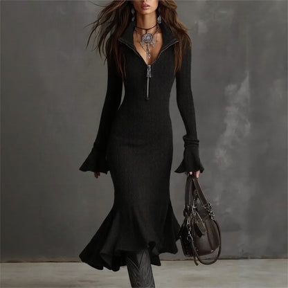 Vestido Evora Luxe™ En Punto Acanalado Con Cremallera Frontal y Falda Sirena