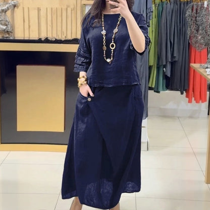 Conjunto Bellarive™ En Lino de Algodón Con Blusa Amplia y Falda Cruzada