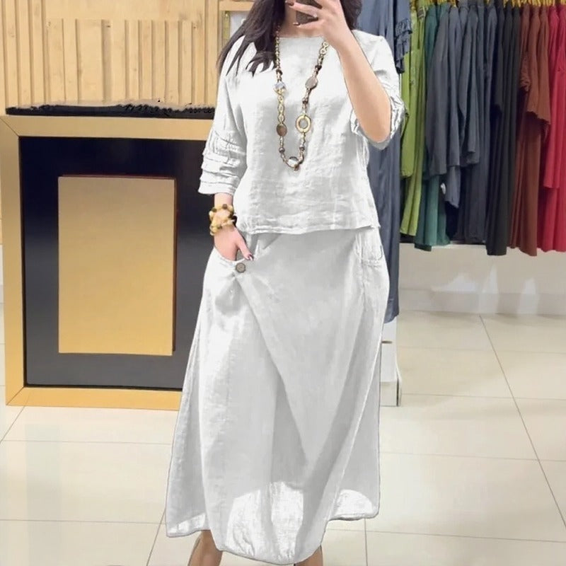 Conjunto Bellarive™ En Lino de Algodón Con Blusa Amplia y Falda Cruzada