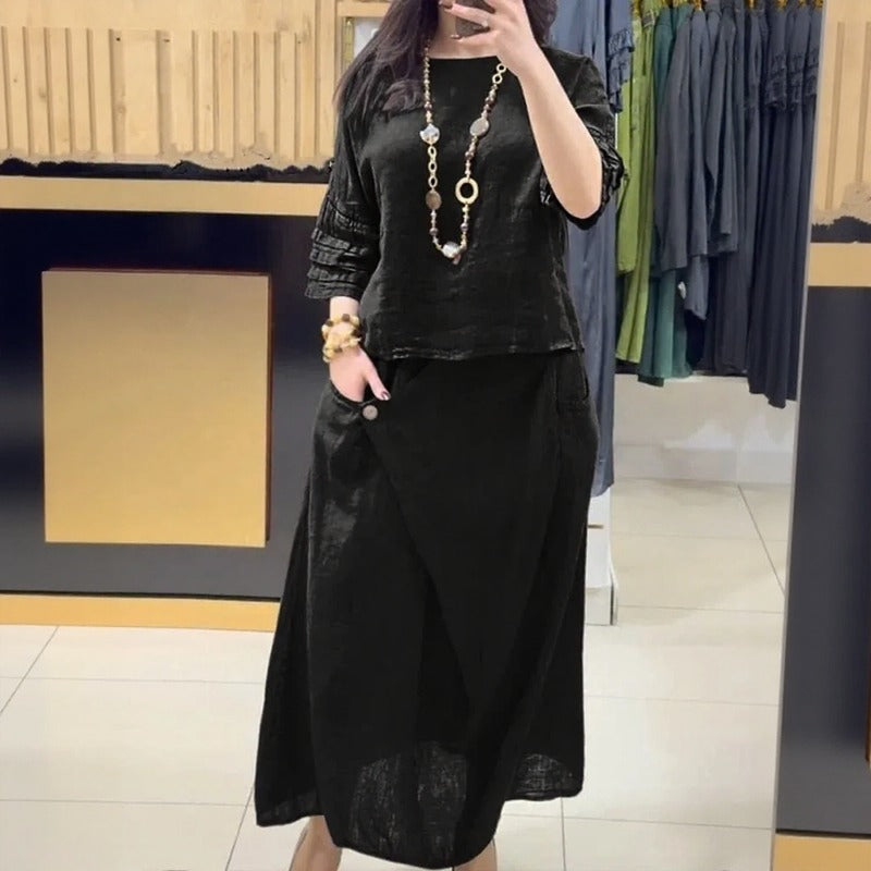 Conjunto Bellarive™ En Lino de Algodón Con Blusa Amplia y Falda Cruzada