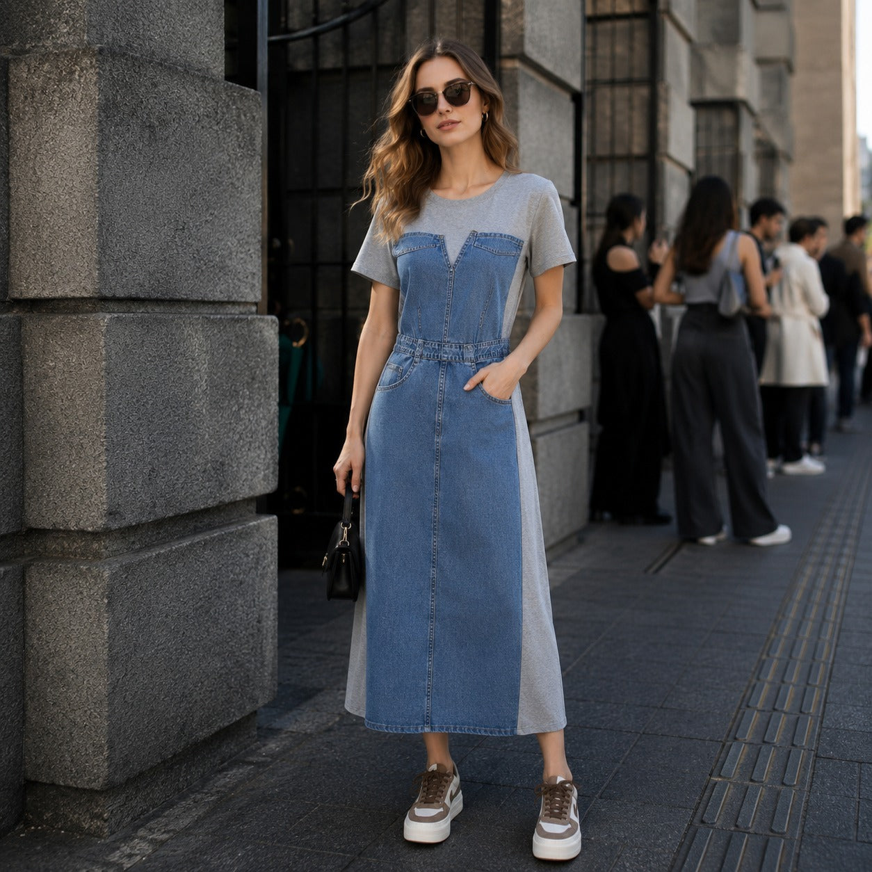 Vestido Alisse™ con Panel Denim y Diseño Moderno