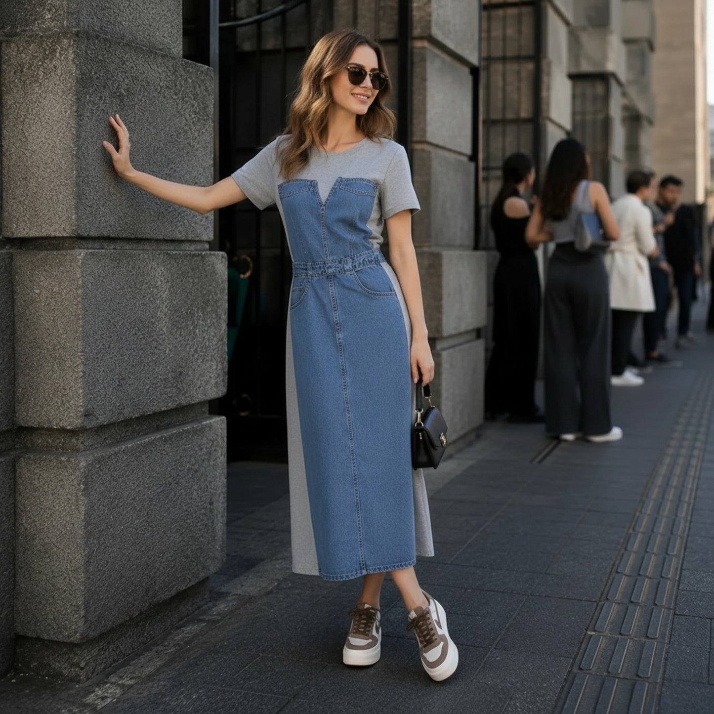 Vestido Alisse™ con Panel Denim y Diseño Moderno