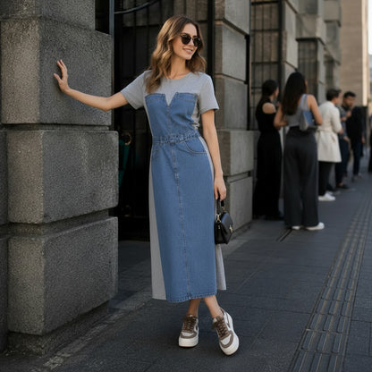 Vestido Alisse™ con Panel Denim y Diseño Moderno