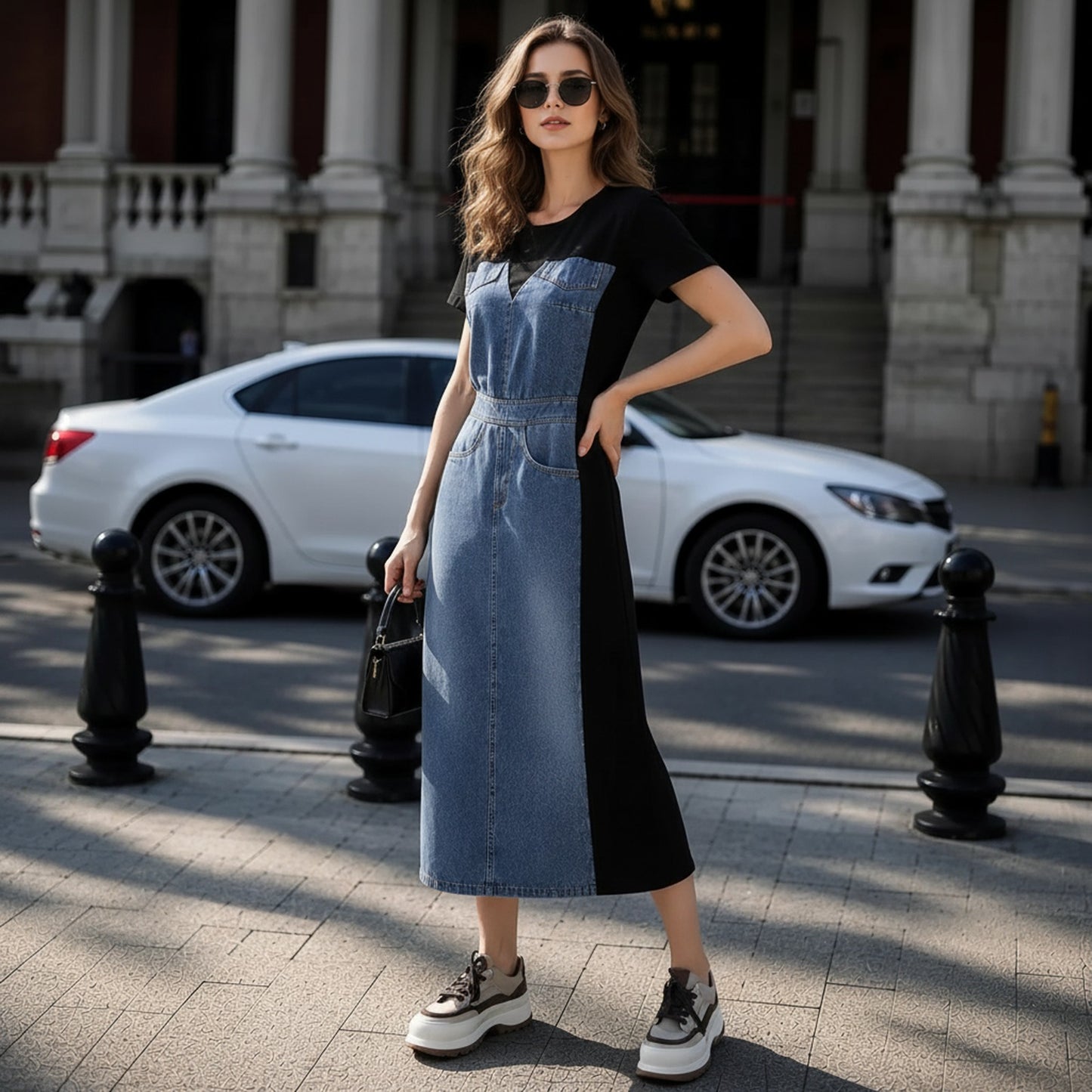 Vestido Alisse™ con Panel Denim y Diseño Moderno