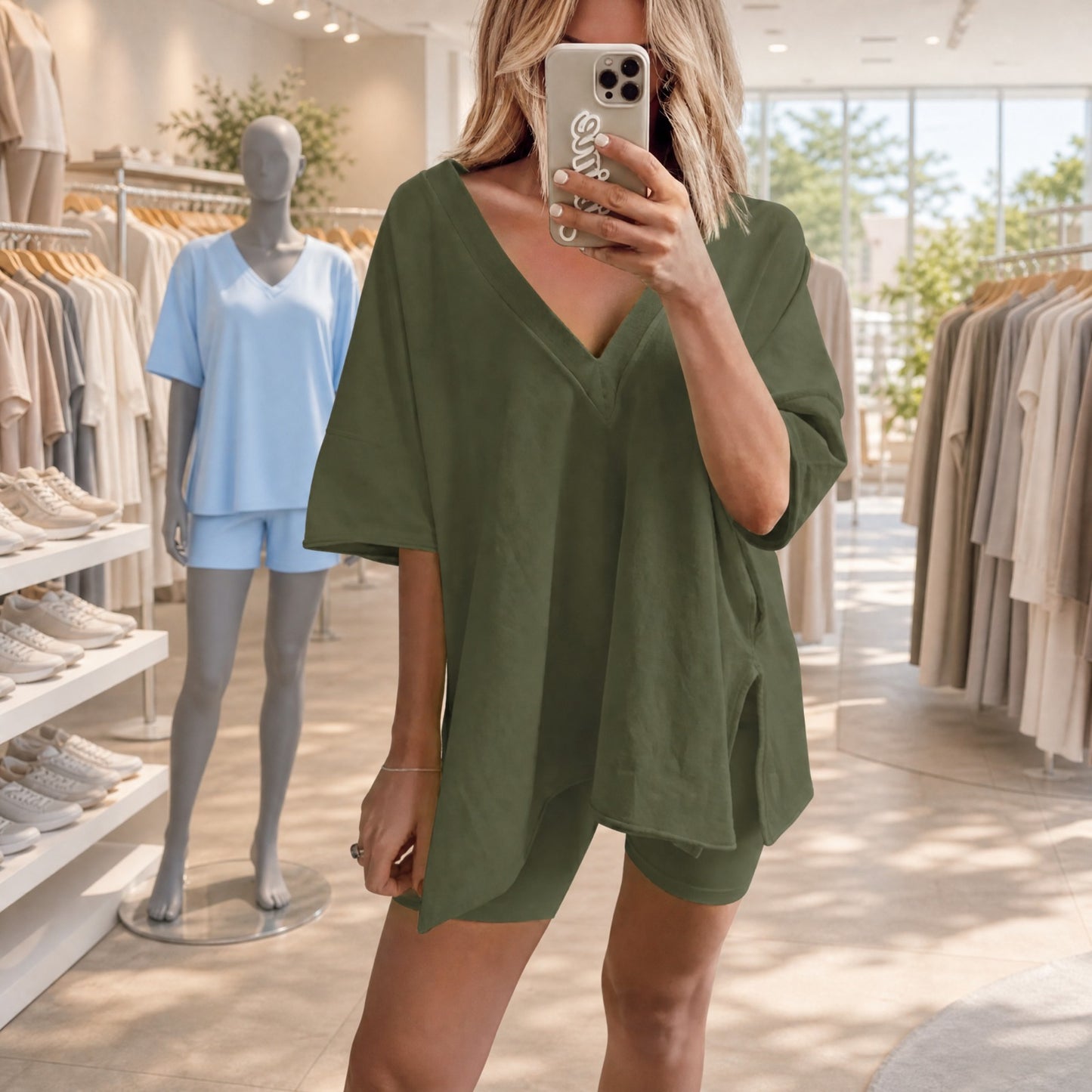 Conjunto Yelena™ Blusa Oversize con Escote en V y Shorts Minimalistas