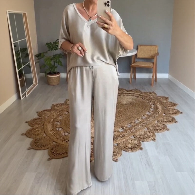 Conjunto Marevielle™ De Tela Satinada Con Blusa Amplia y Pantalón Palazzo Fluido