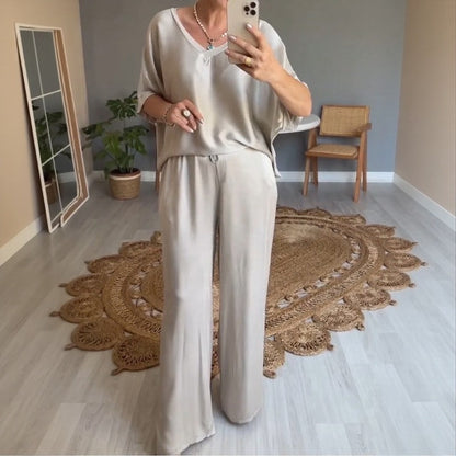 Conjunto Marevielle™ De Tela Satinada Con Blusa Amplia y Pantalón Palazzo Fluido