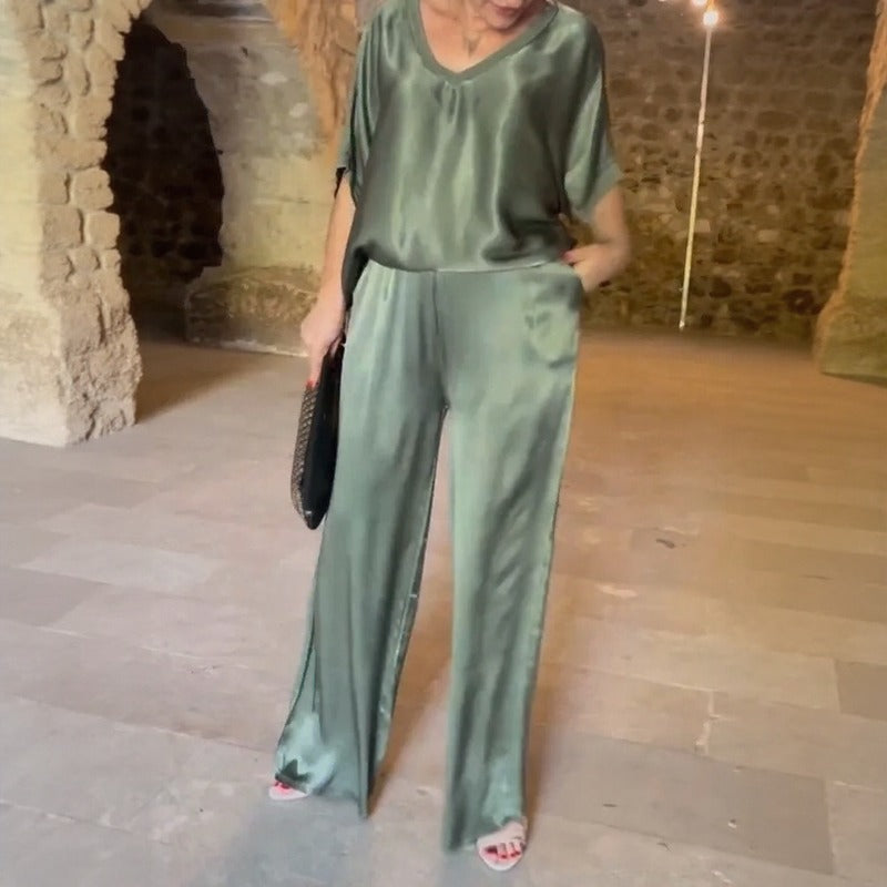 Conjunto Marevielle™ De Tela Satinada Con Blusa Amplia y Pantalón Palazzo Fluido