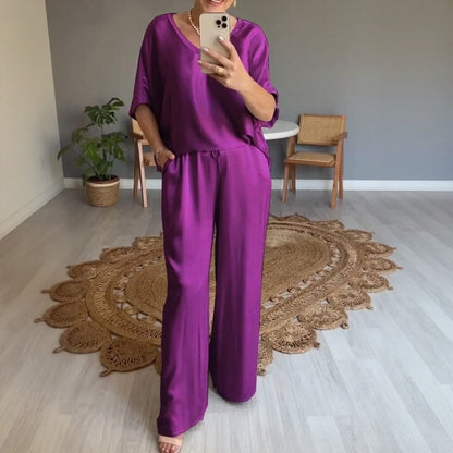 Conjunto Marevielle™ De Tela Satinada Con Blusa Amplia y Pantalón Palazzo Fluido