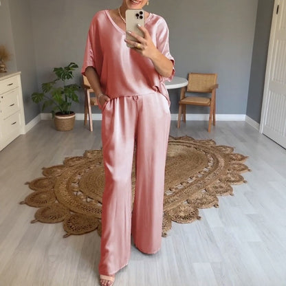 Conjunto Marevielle™ De Tela Satinada Con Blusa Amplia y Pantalón Palazzo Fluido
