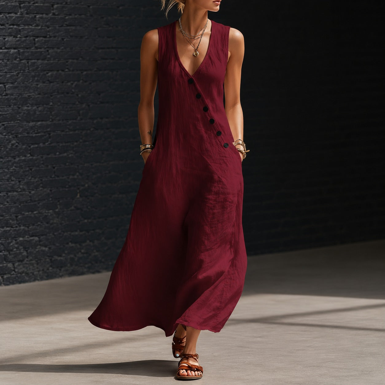 Vestido Midi Antonella™ con Botones Elegantes y Escote en V