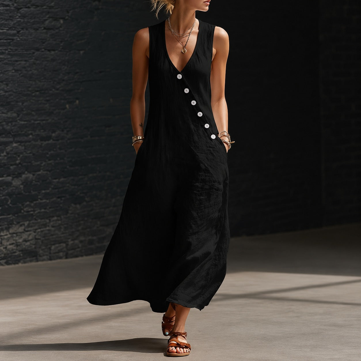 Vestido Midi Antonella™ con Botones Elegantes y Escote en V
