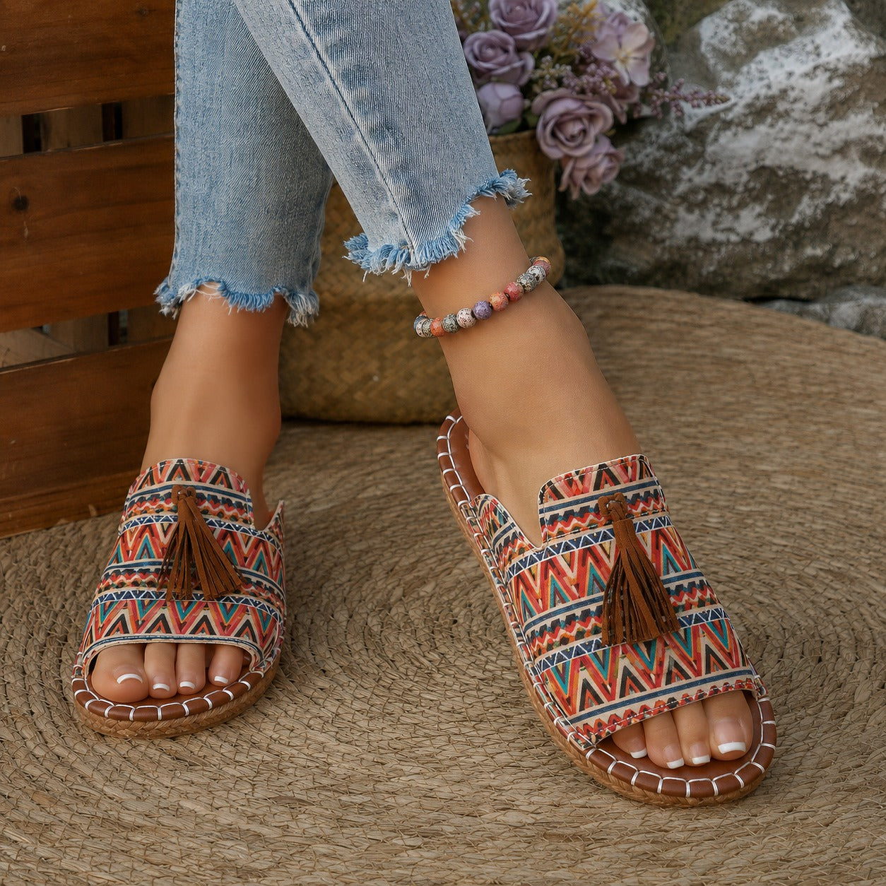 Sandalia Marivelle™ Con Estampado Étnico y Flecos Decorativos