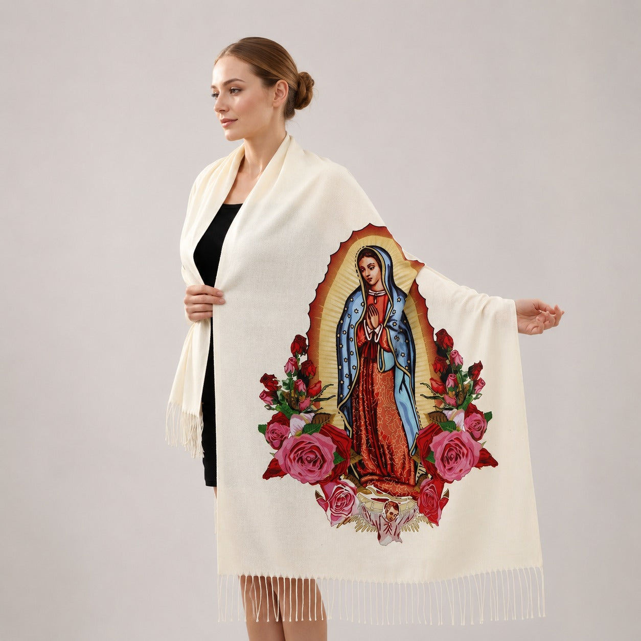 🔥 2x1 – Bufanda Guadalupe™ de Cachemira con Acabado Artesanal y Flecos Delicados