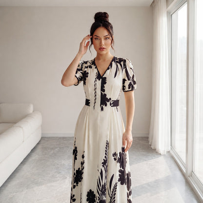 Vestido Maristelle™ Con Estampado Floral Contrastante y Escote en V