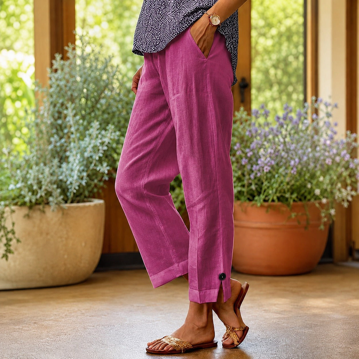 Pantalón Sylvie™ de Lino y Algodón con Abertura Lateral en el Bajo