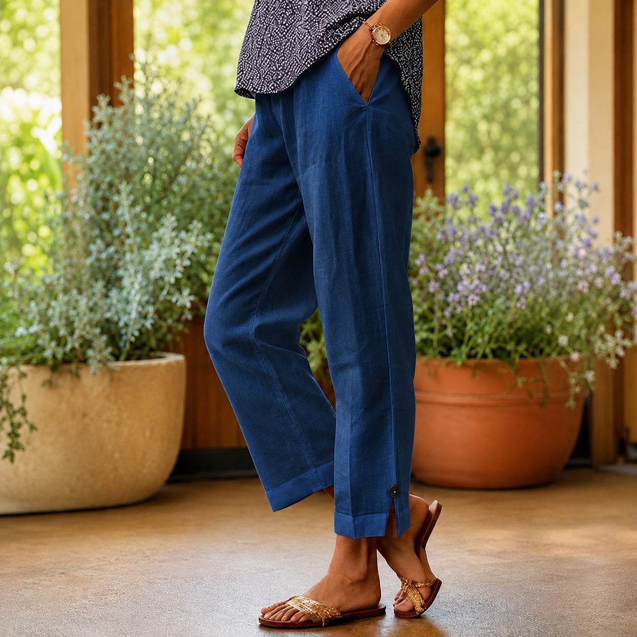 Pantalón Sylvie™ de Lino y Algodón con Abertura Lateral en el Bajo