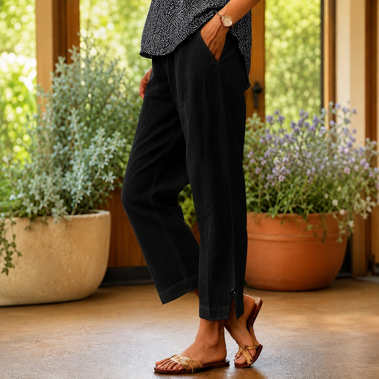 Pantalón Sylvie™ de Lino y Algodón con Abertura Lateral en el Bajo