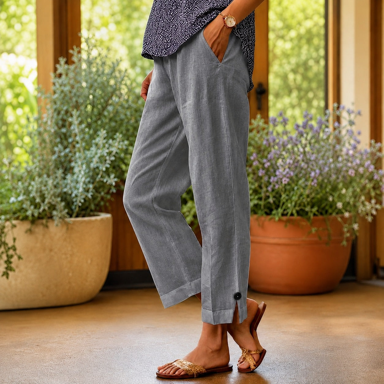 Pantalón Sylvie™ de Lino y Algodón con Abertura Lateral en el Bajo