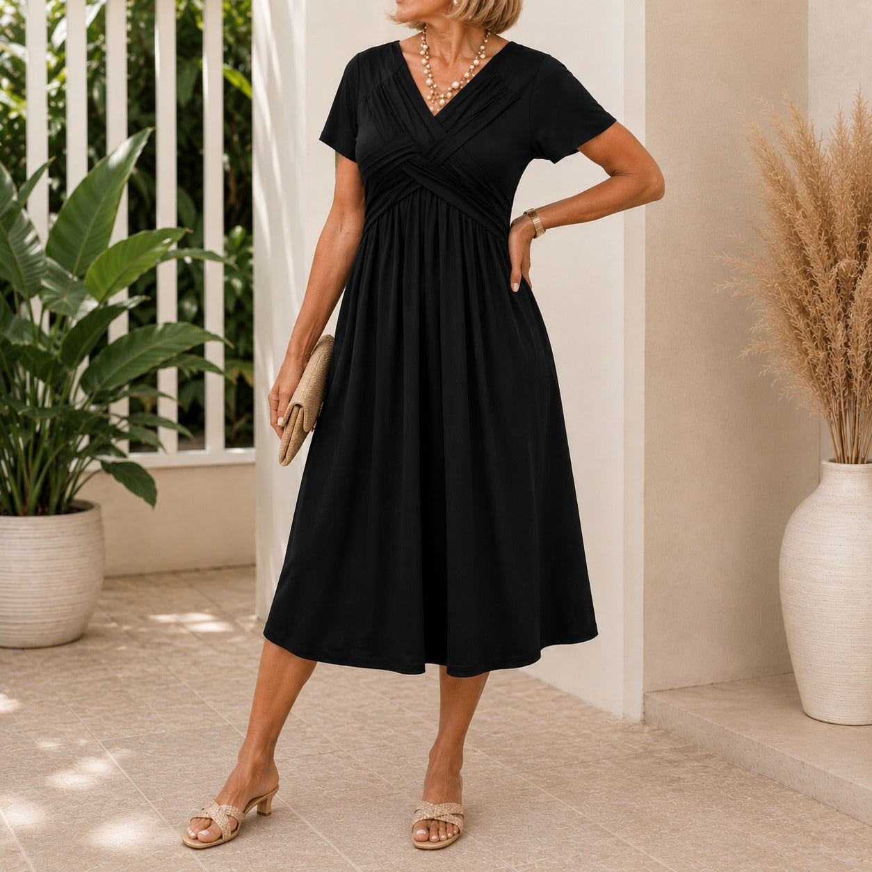Vestido Lirenne™ con Falda Midi Fluida y Bolsillos Laterales