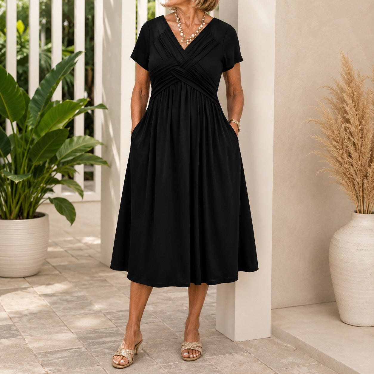 Vestido Lirenne™ con Falda Midi Fluida y Bolsillos Laterales
