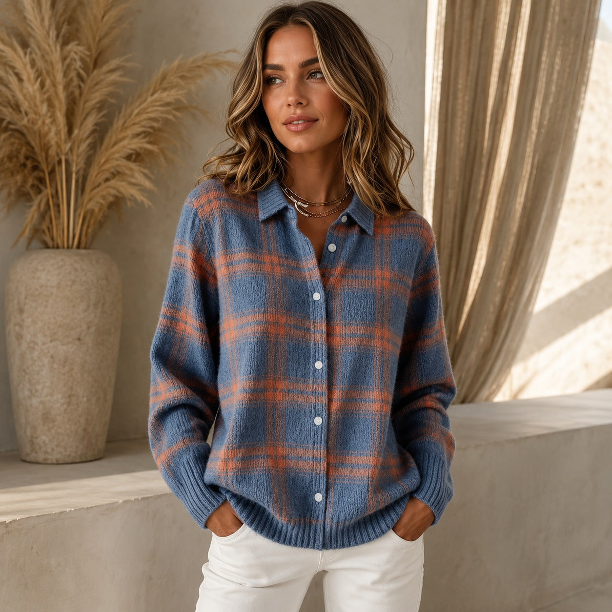 Cárdigan Saint Claire™ de Punto Premium con Estampado de Cuadros