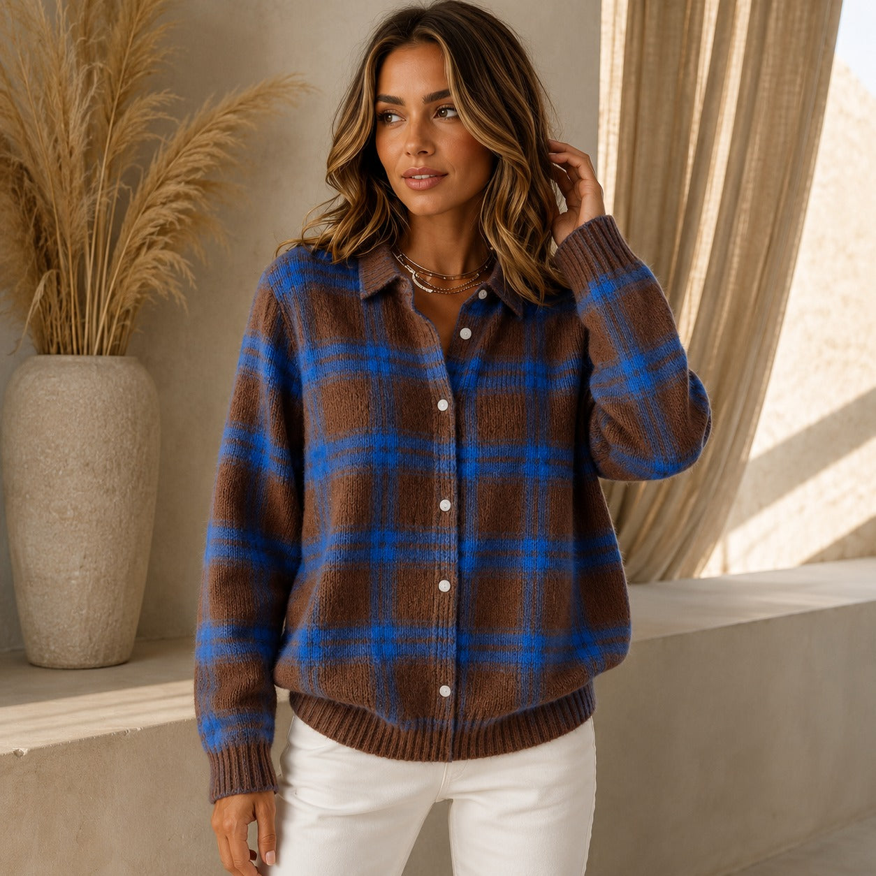Cárdigan Saint Claire™ de Punto Premium con Estampado de Cuadros