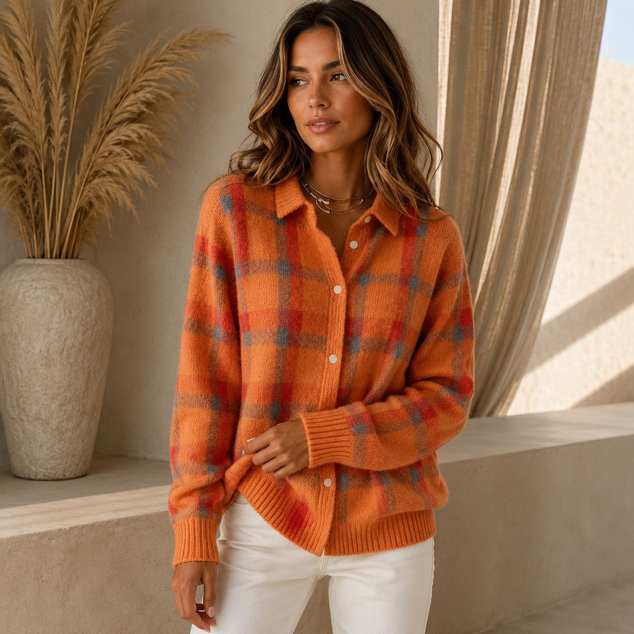 Cárdigan Saint Claire™ de Punto Premium con Estampado de Cuadros