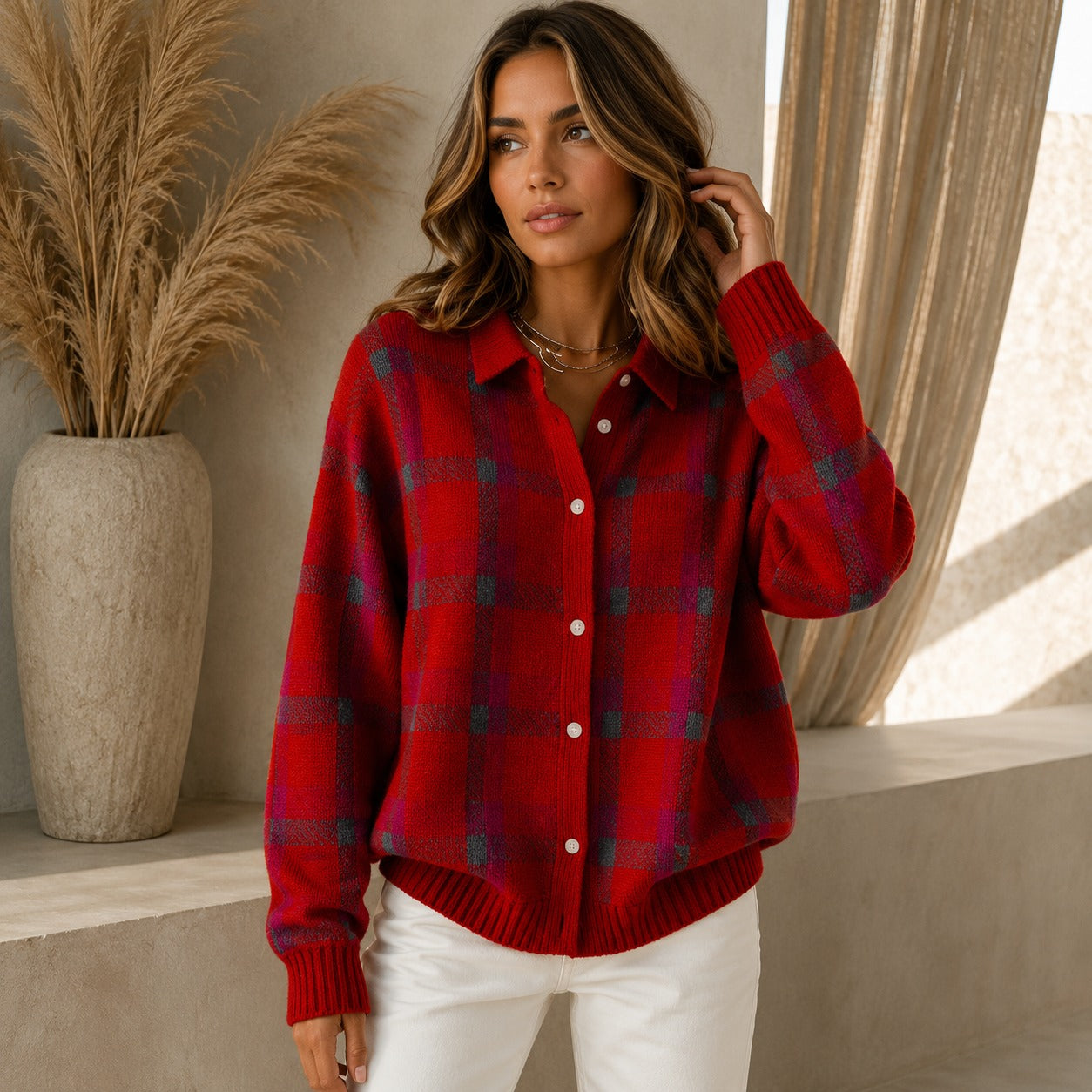 Cárdigan Saint Claire™ de Punto Premium con Estampado de Cuadros