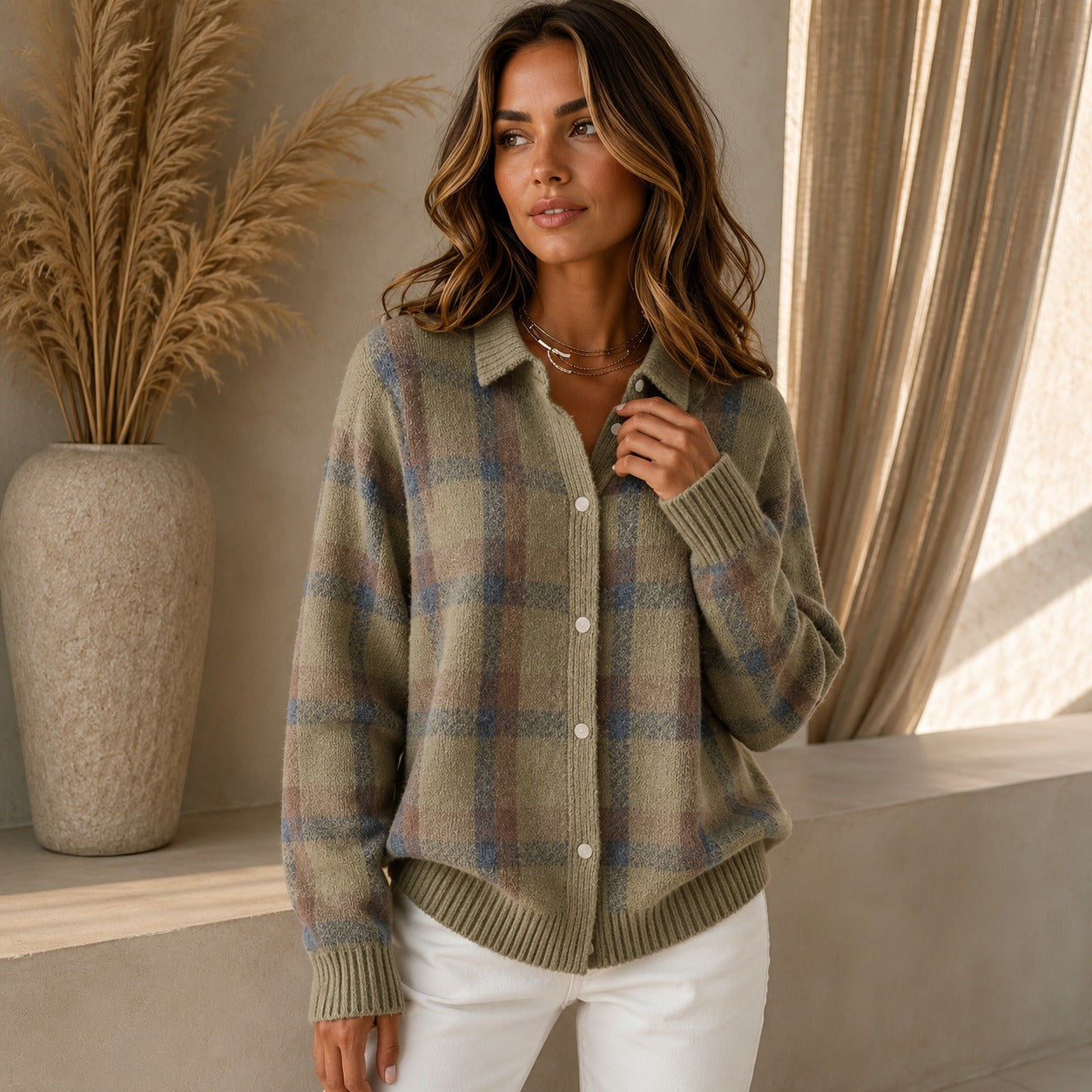 Cárdigan Saint Claire™ de Punto Premium con Estampado de Cuadros