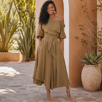 Vestido Verona Belle™ con Escote Versátil y Lazo Elegante en la Cintura