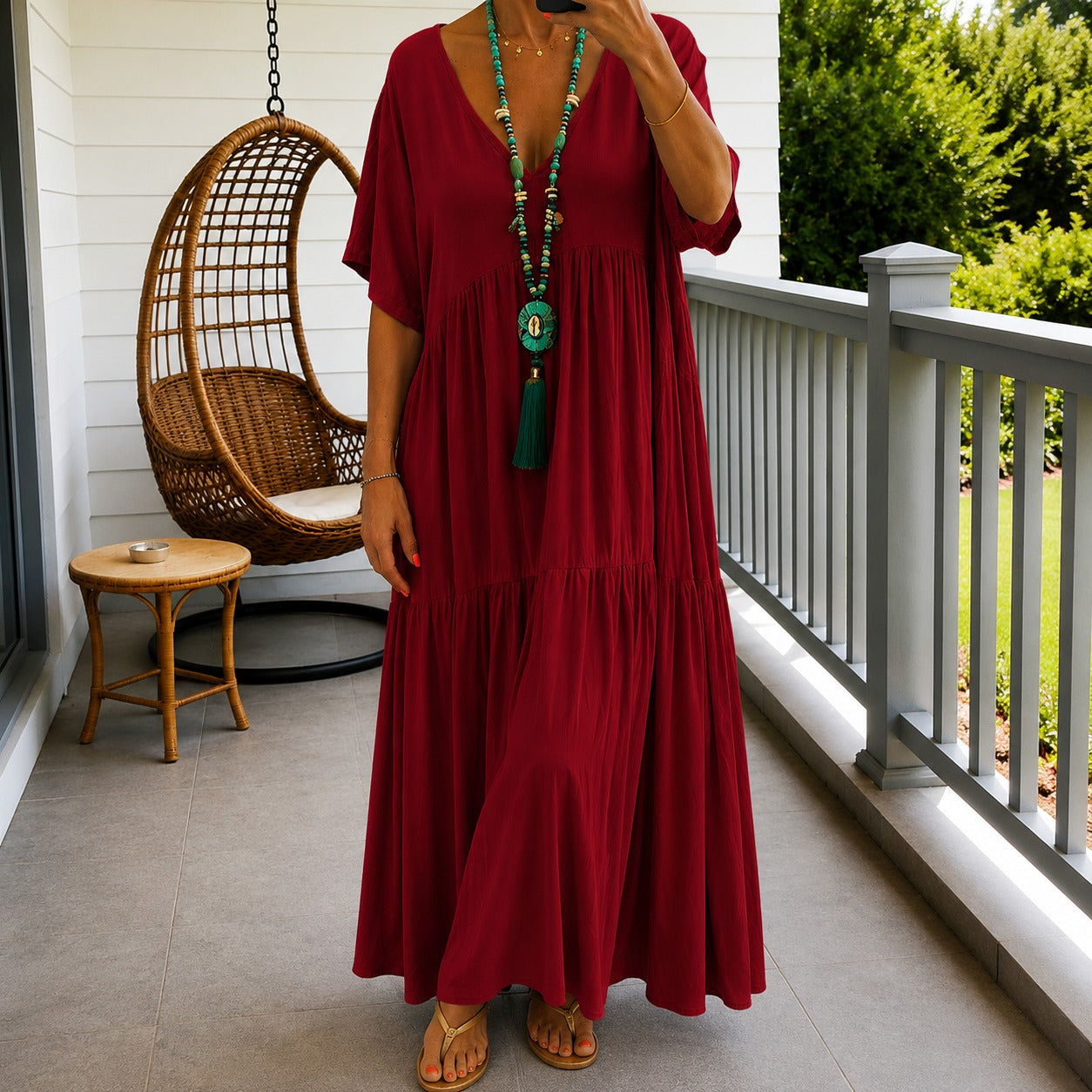 Vestido Liorenna™ en Lino de Algodón con Corte Suelto y Escote en V