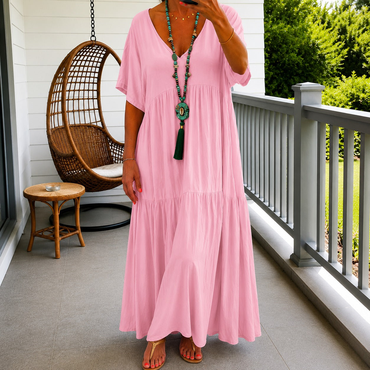 Vestido Liorenna™ en Lino de Algodón con Corte Suelto y Escote en V
