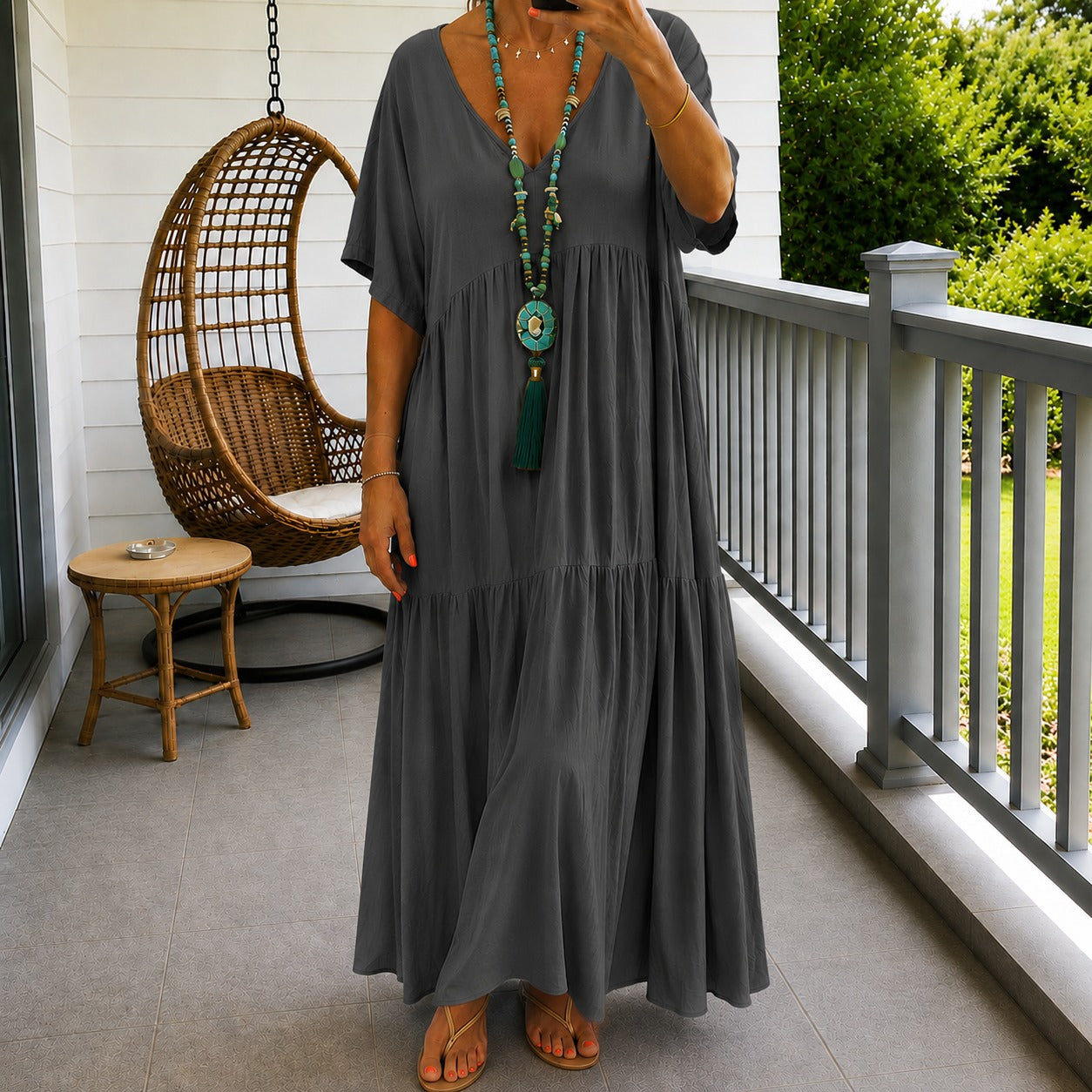 Vestido Liorenna™ en Lino de Algodón con Corte Suelto y Escote en V