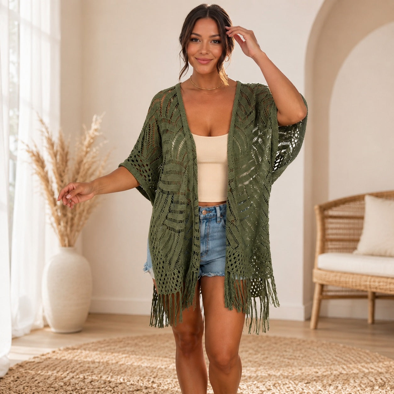 Kimono Calivie™ en Punto Calado con Flecos