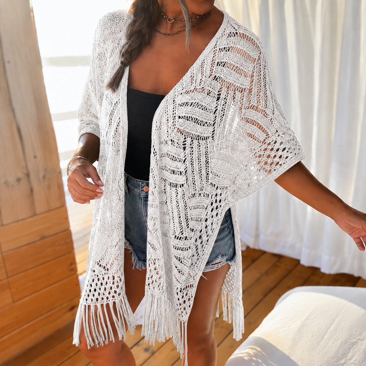 Kimono Calivie™ en Punto Calado con Flecos