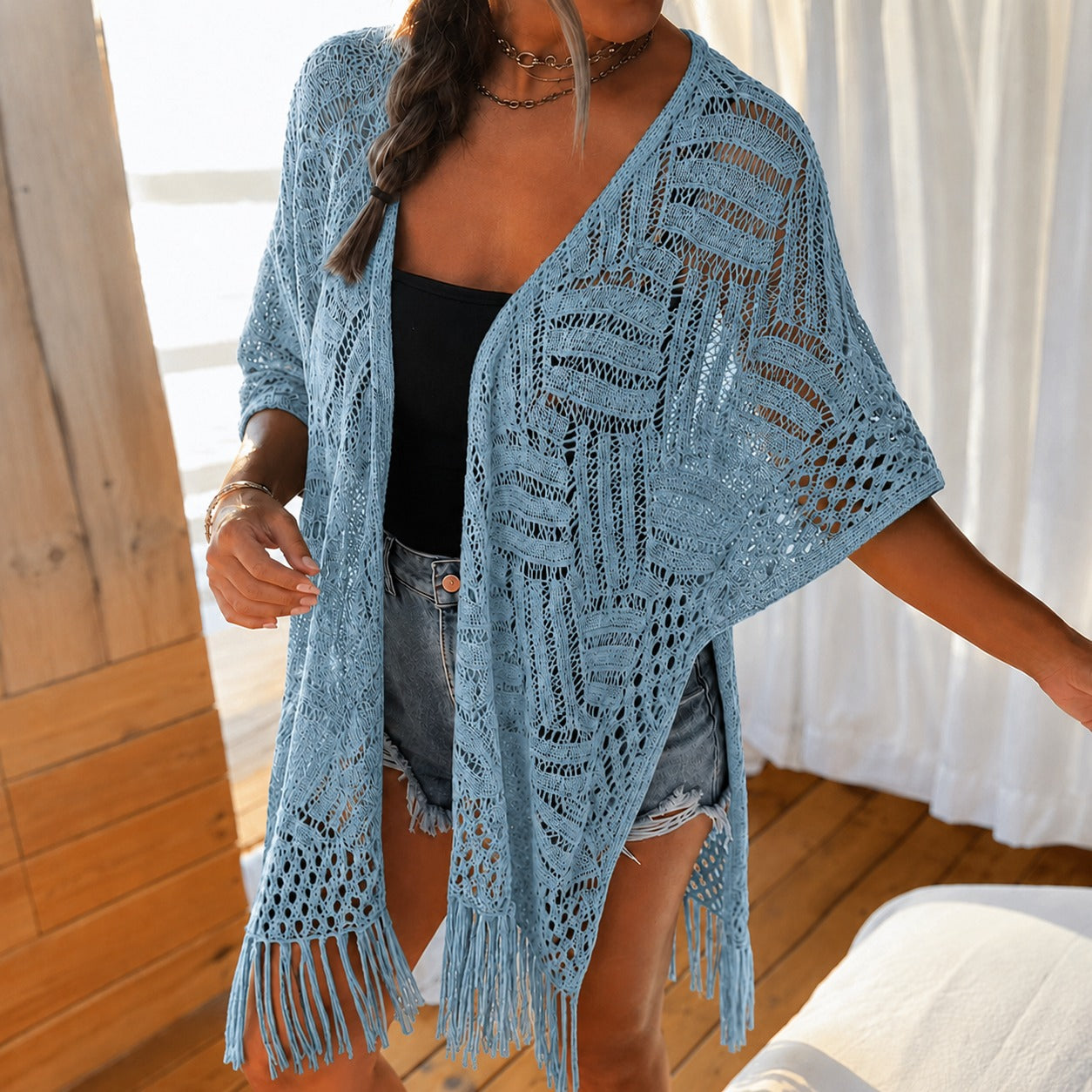 Kimono Calivie™ en Punto Calado con Flecos