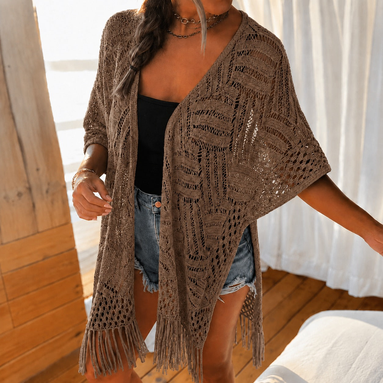 Kimono Calivie™ en Punto Calado con Flecos