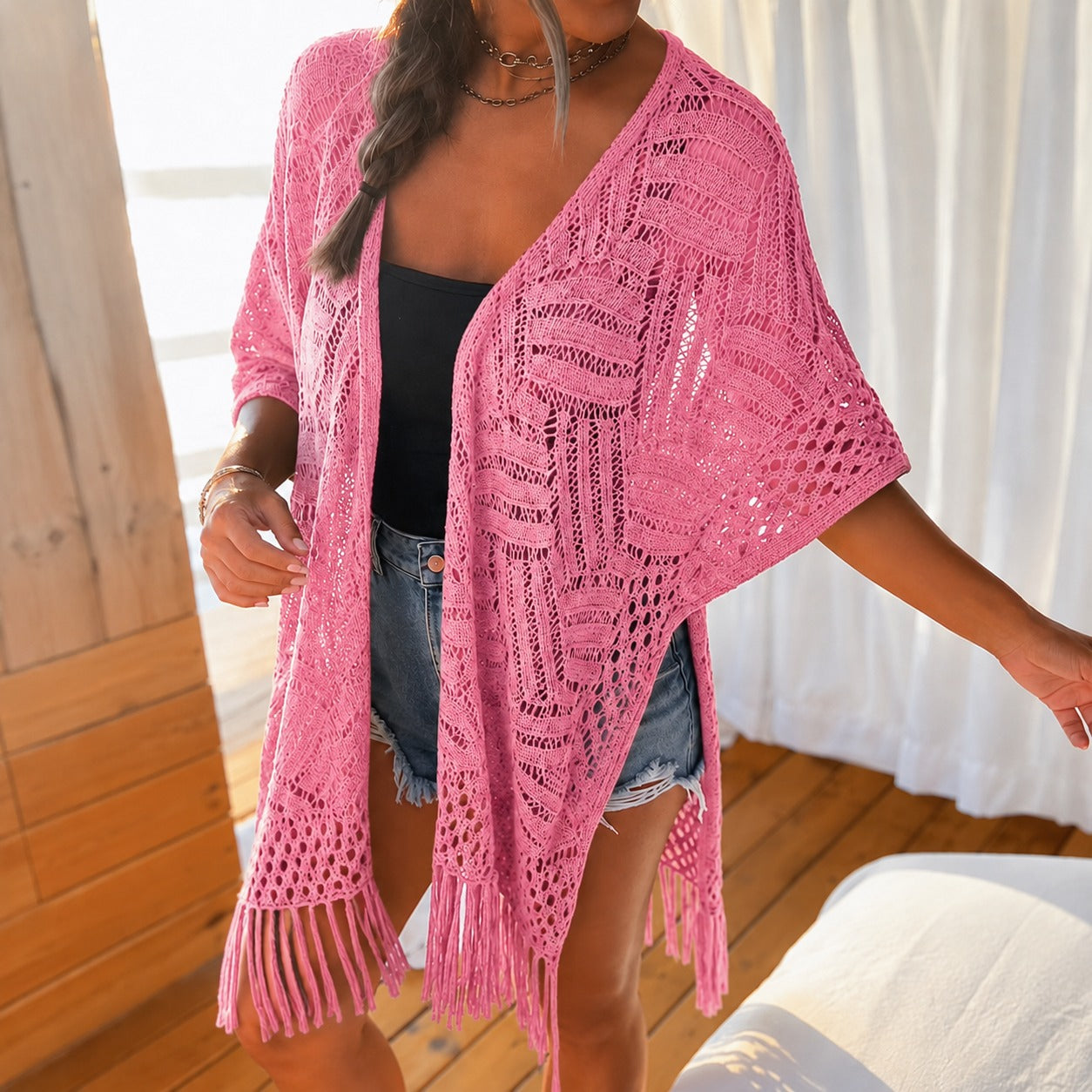 Kimono Calivie™ en Punto Calado con Flecos