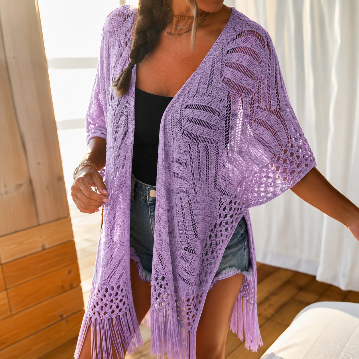 Kimono Calivie™ en Punto Calado con Flecos