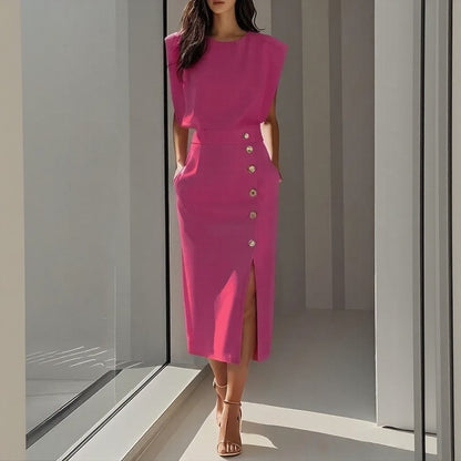Vestido Maelle™ Midi Con Hombros Estructurados, Botones Laterales Y Abertura Frontal