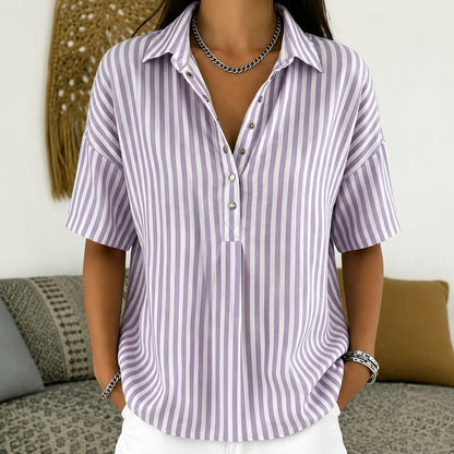 Camisa Marena™ con Rayas Verticales, Cuello Clásico y Botones Frontales