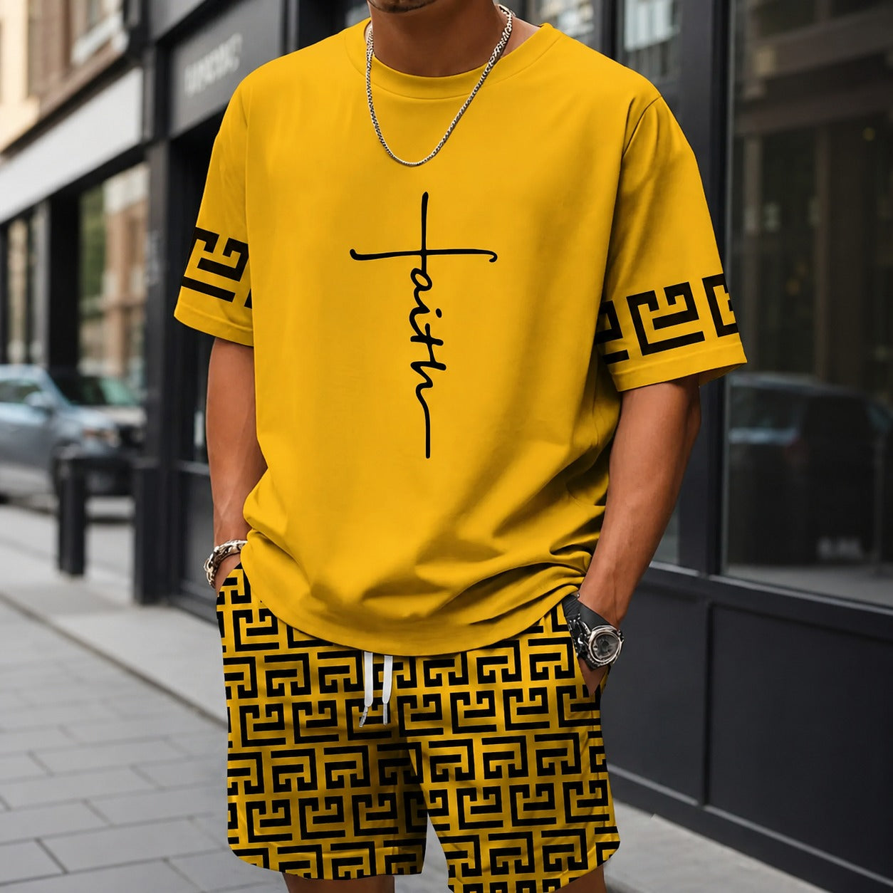 Conjunto Lucento™ con Camiseta Oversize y Shorts con Estampado Geométrico / Un estilo urbano con personalidad propia.