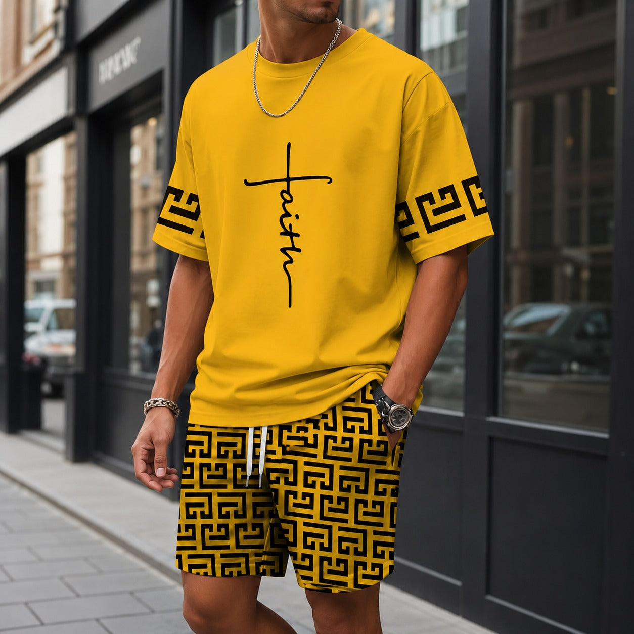 Conjunto Lucento™ con Camiseta Oversize y Shorts con Estampado Geométrico / Un estilo urbano con personalidad propia.