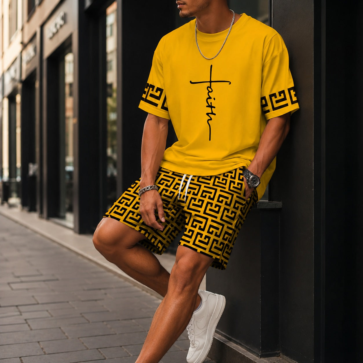 Conjunto Lucento™ con Camiseta Oversize y Shorts con Estampado Geométrico / Un estilo urbano con personalidad propia.