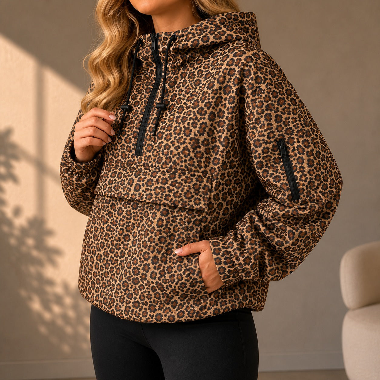 Chaqueta Leona™ con Estampado Animal, Capucha y Media Cremallera.