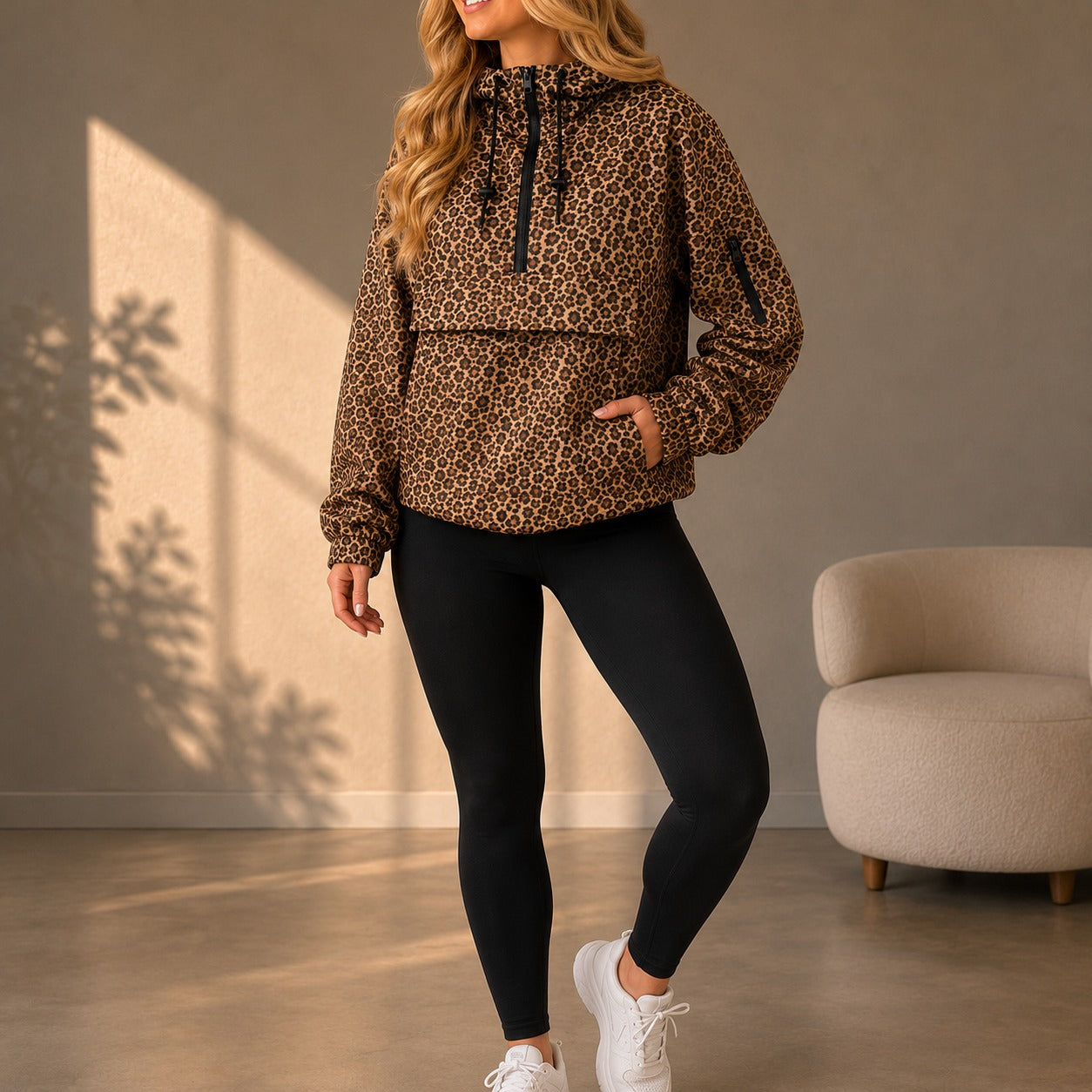 Chaqueta Leona™ con Estampado Animal, Capucha y Media Cremallera.