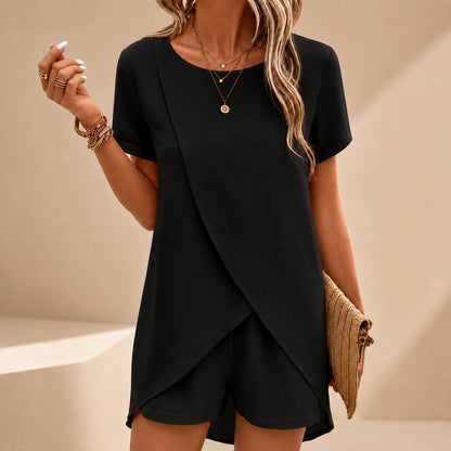 Conjunto Celinna™ con Blusa Cruzada, Shorts de Cintura Alta y Caída Fluida