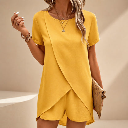 Conjunto Celinna™ con Blusa Cruzada, Shorts de Cintura Alta y Caída Fluida